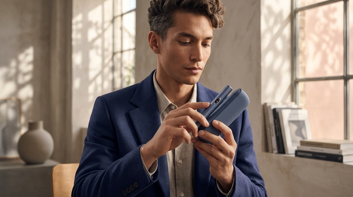 Man in blue blazer using IQOS device indoors
