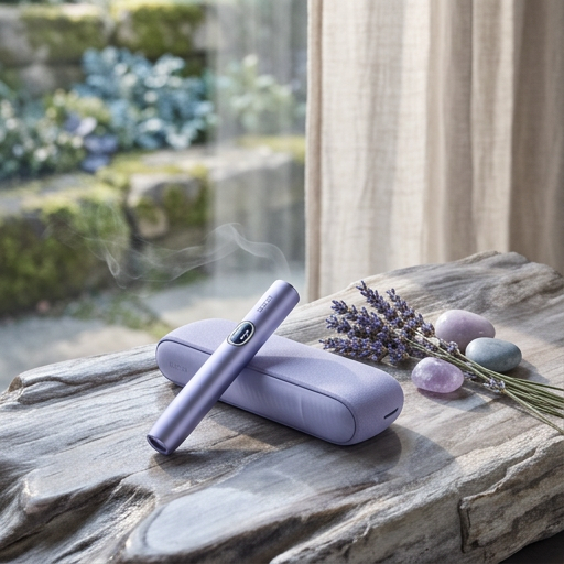 Lavender IQOS device and case with lavender flowers on stone