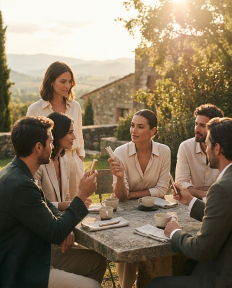 Group of people using IQOS at an outdoor gathering at golden hour