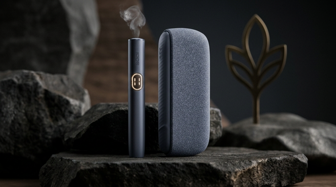 IQOS device and charging case on dark stone surface